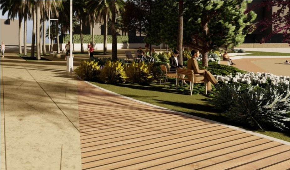 Detailed view of seating and landscaping at Los Locos