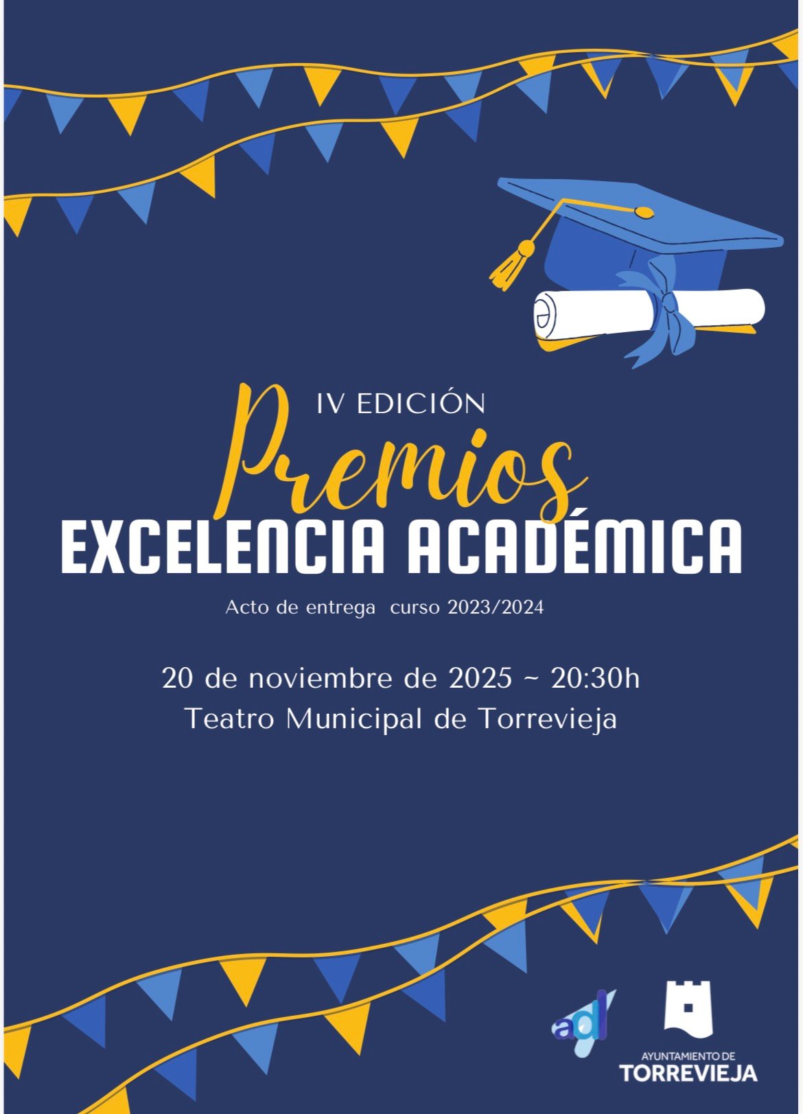 Official poster for the IV Premios a la Excelencia Académica Ciudad de Torrevieja 2025 – event on 20 November 2025 at Teatro Municipal