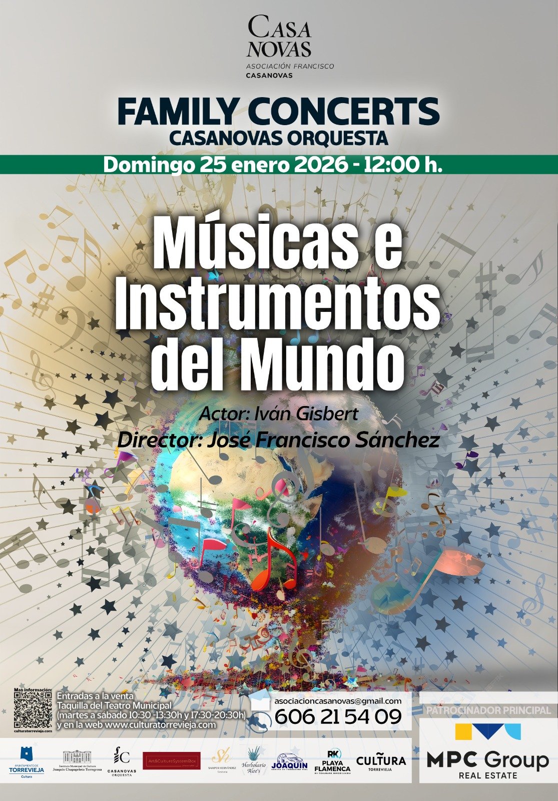 Official poster for Casanovas Orquesta Family Concerts 2026 at Teatro Municipal de Torrevieja