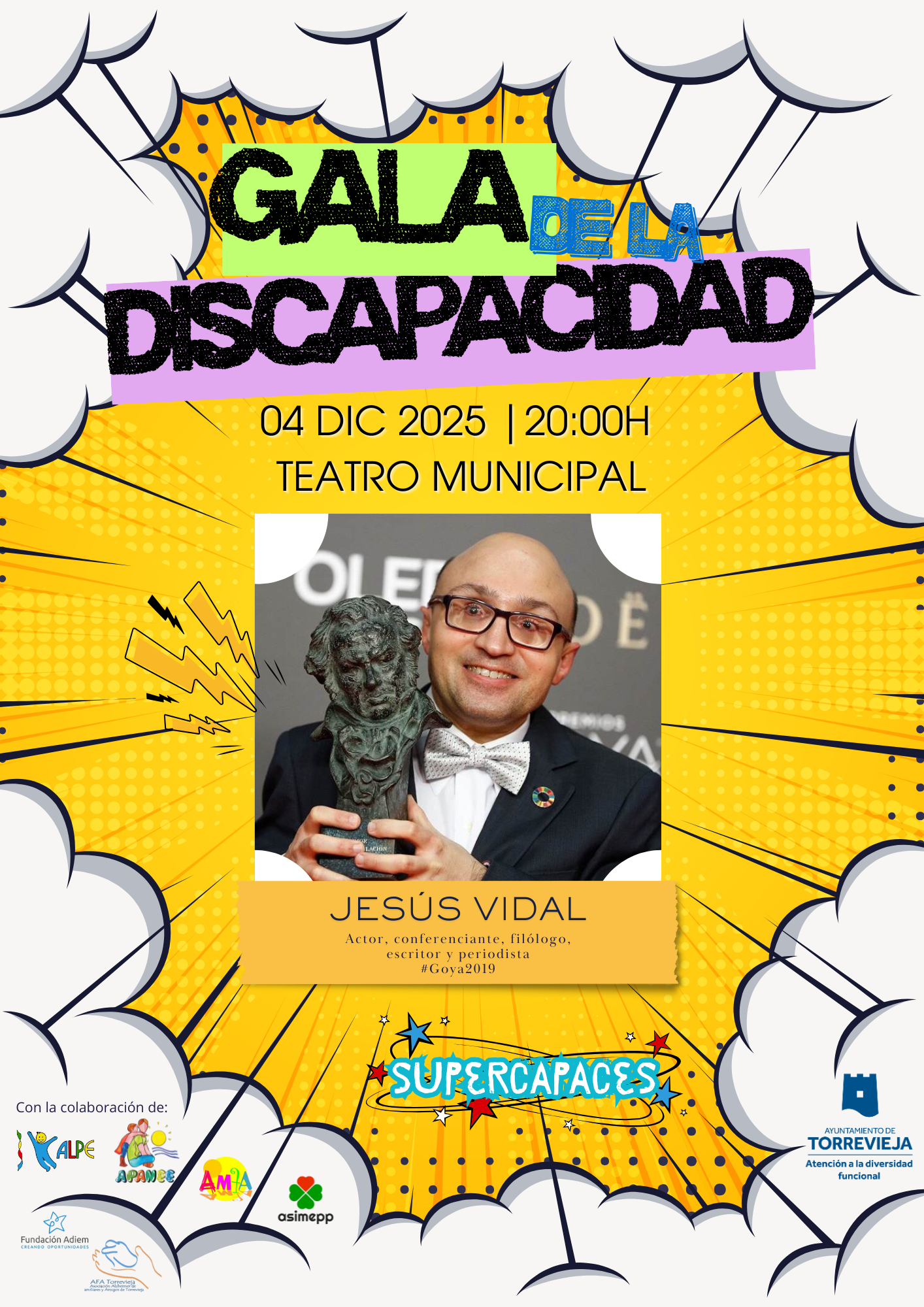 Poster for the Gala de la Discapacidad 2025 with Jesús Vidal in Torrevieja